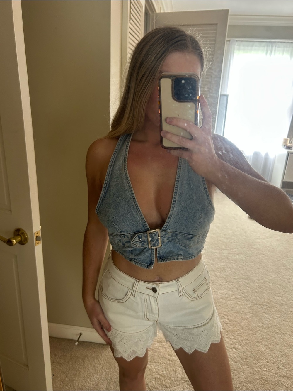 PrettyLittleThing Light Blue Denim Halter Crop Top with Buckle